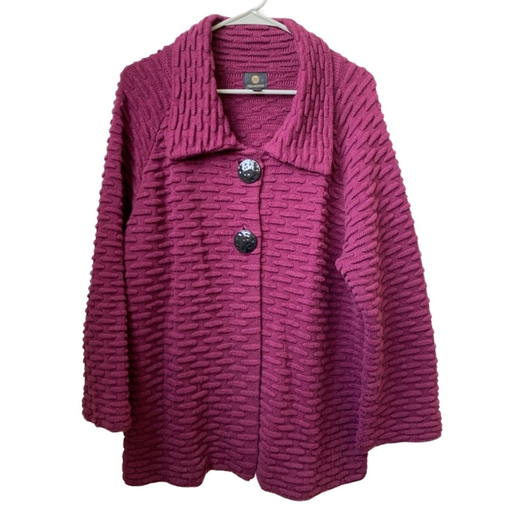JM COLLECTION 3/4 Sleeve Two Button Front Closure Puffy Jacket Cardigan Sweater
